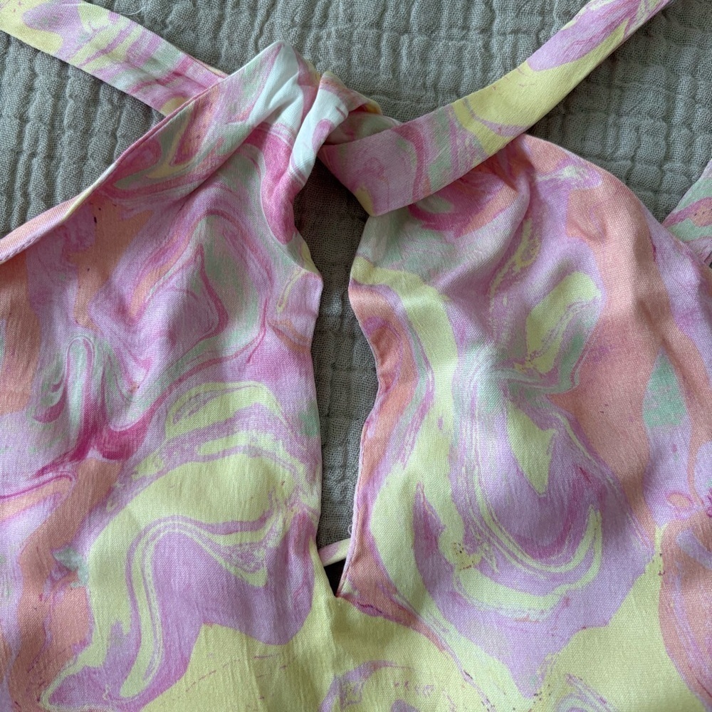 Zara Satin Marbled Keyhole Top Pink Yellow Watercolor Tie Back Halter size S - Picture 6 of 10